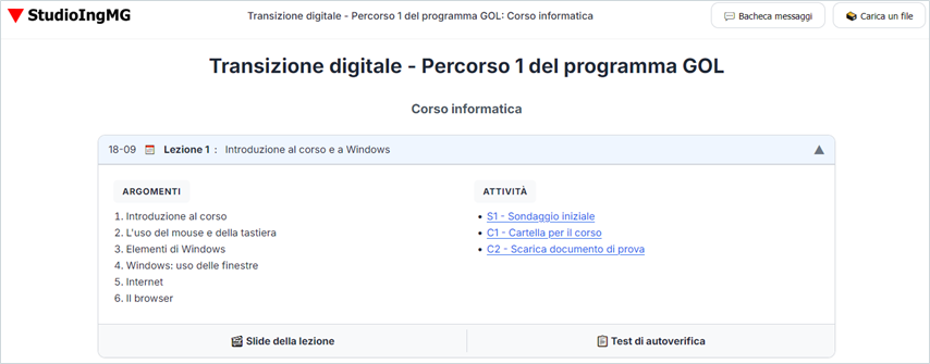 Screenshot della piattaforma web per i corsi
